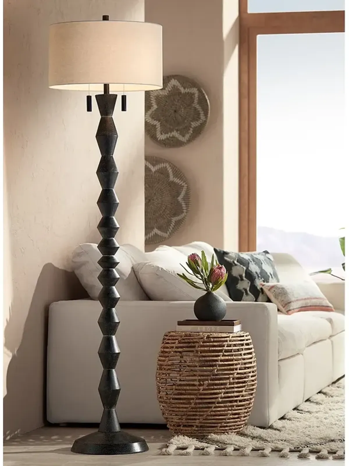 Possini Euro 75" High Black Pull Chain Spindle Floor Lamp