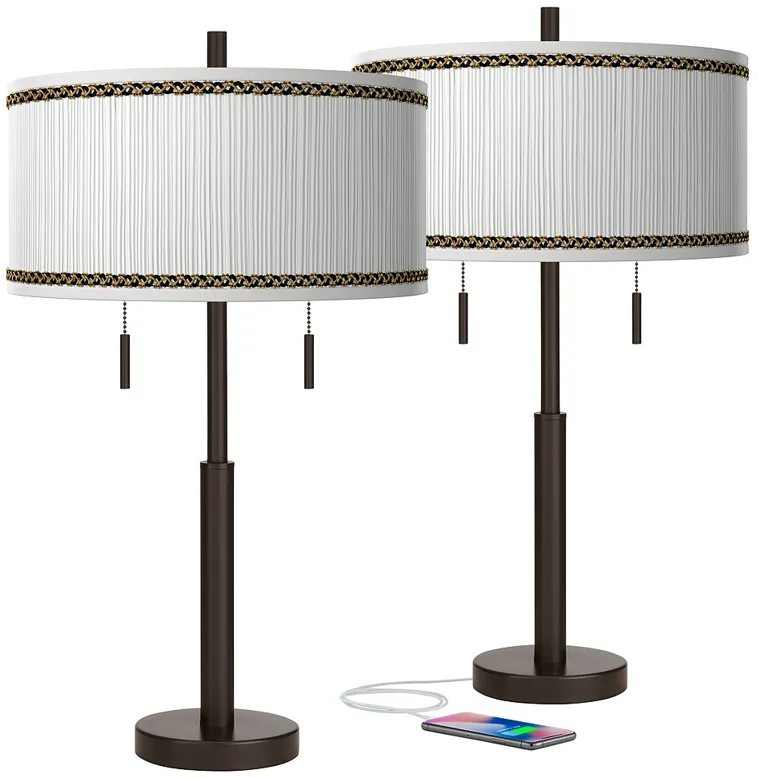 Faux Pleated Giclee Print Shades with Bronze USB Table Lamps Set of 2