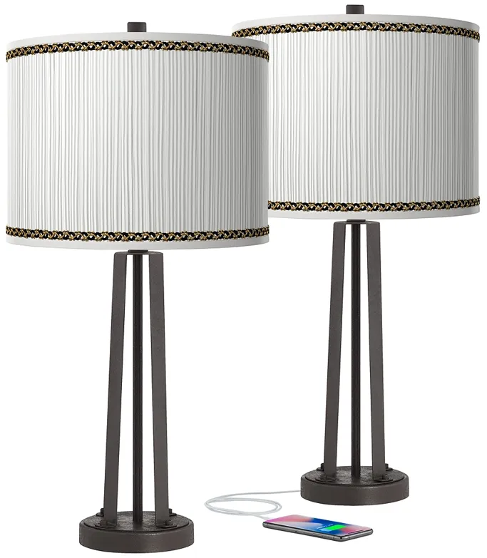 Faux Pleated Giclee Print Modern Bronze USB Table Lamps Set of 2