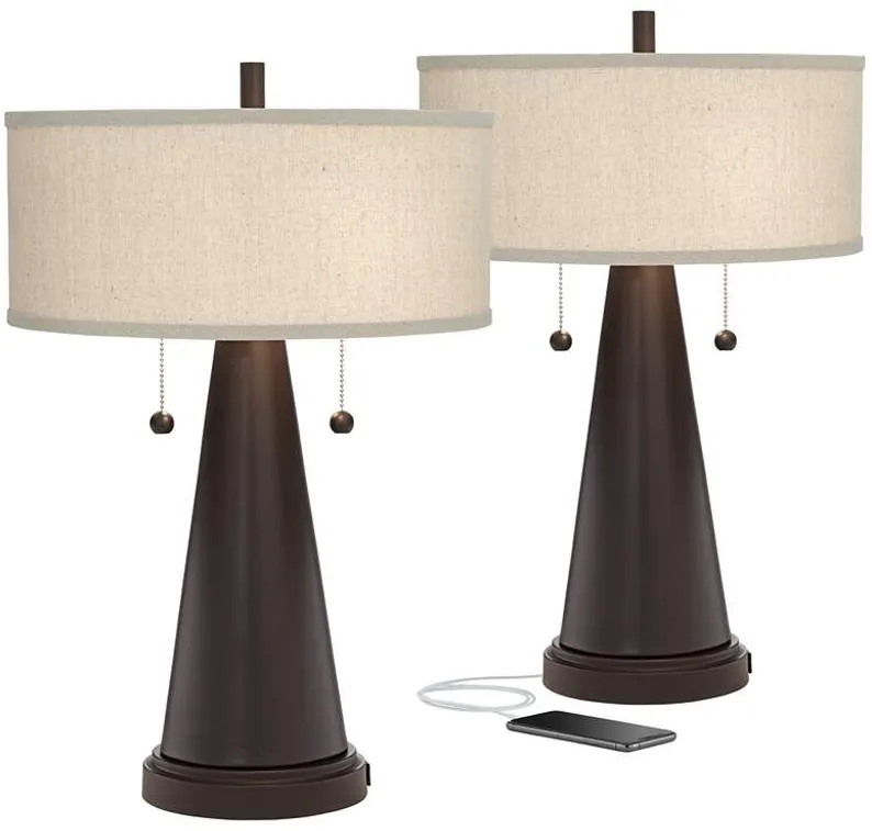 Franklin Iron Works Craig Bronze Metal Pull Chain USB Table Lamps Set of 2