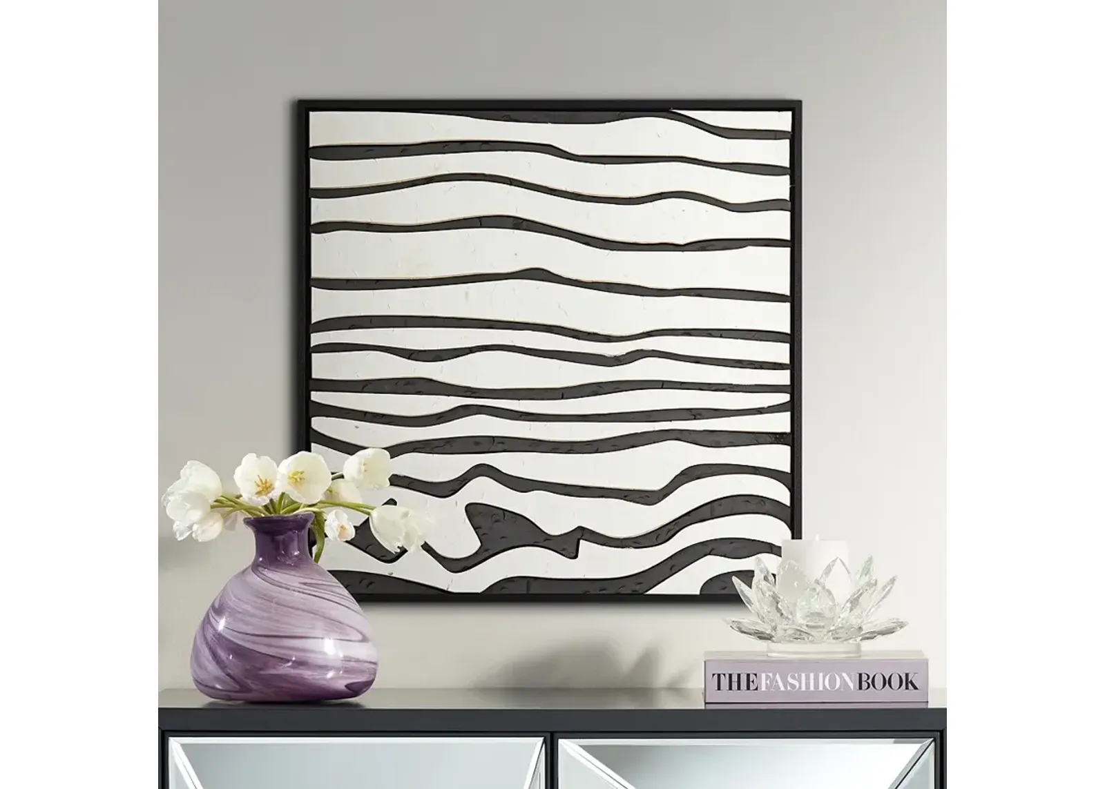 Black and White Wave 23 1/2" Square Framed Wall Art