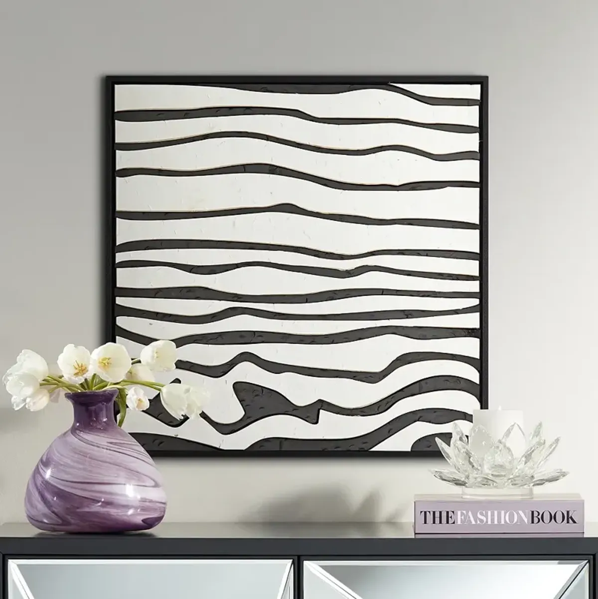 Black and White Wave 23 1/2" Square Framed Wall Art