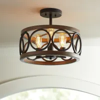 Franklin Iron Salima 16" Black and Wood 3-Light LED Ceiling Light