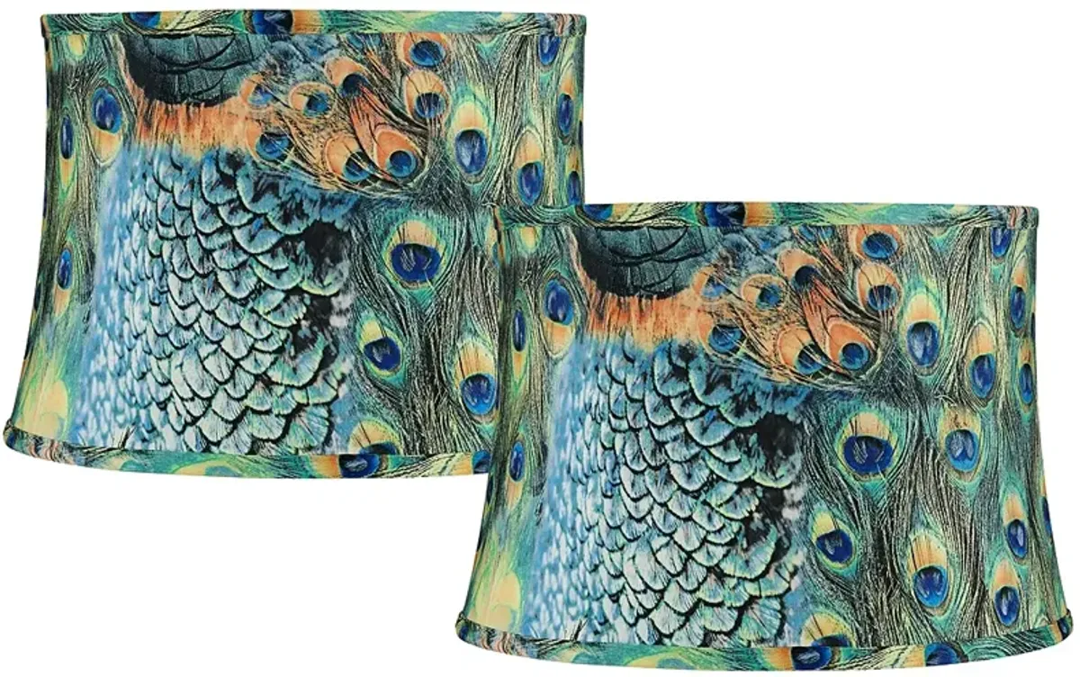 Set of 2 Peacock Print Drum Lamp Shades 14x16x11 (Spider)