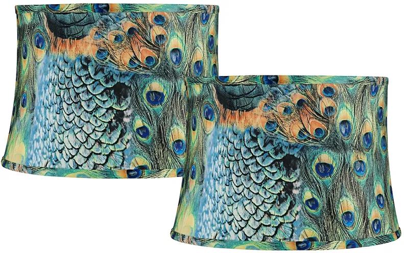 Set of 2 Peacock Print Drum Lamp Shades 14x16x11 (Spider)