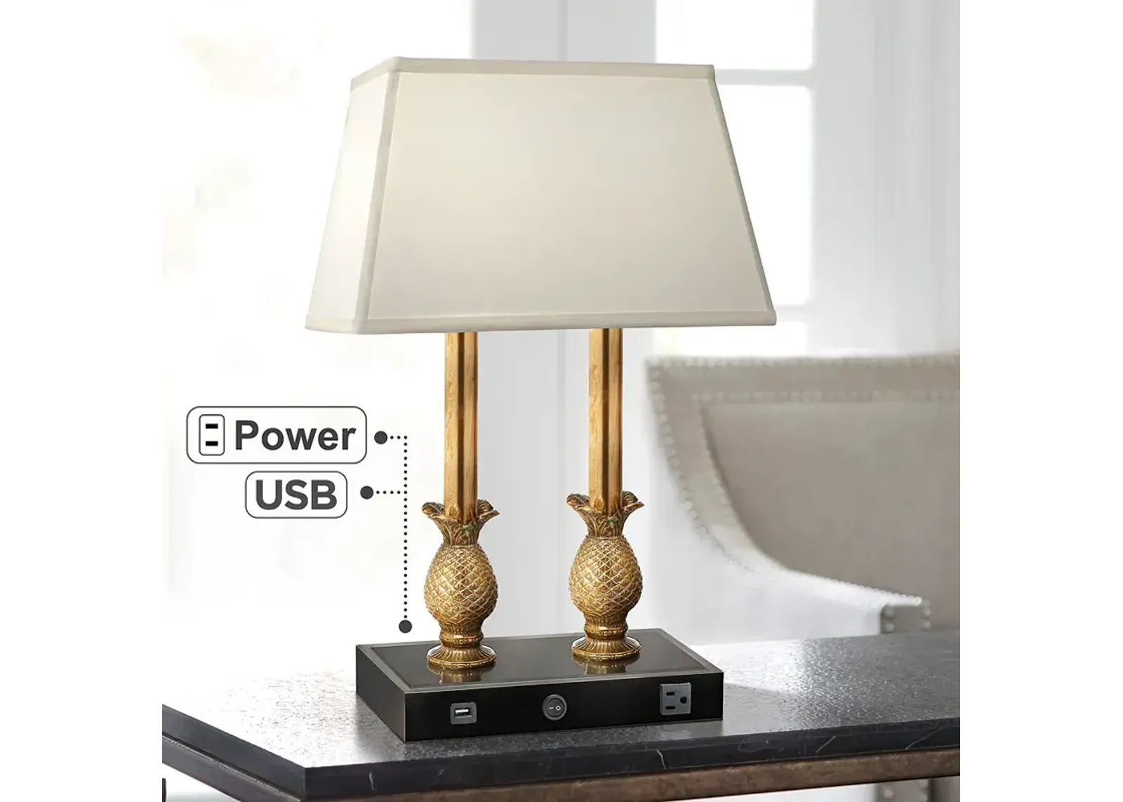 Stiffel 23" High Brass and Black USB Port and Outlet Desk Lamp