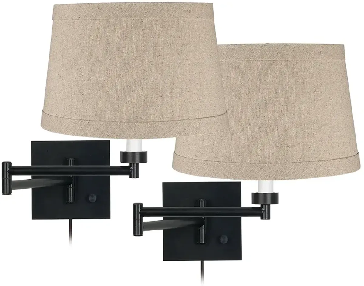 Franklin Iron Linen and Espresso Plug-In Swing Arm Wall Lamps Set of 2