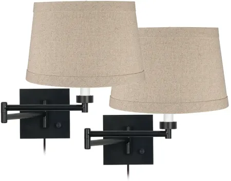Franklin Iron Linen and Espresso Plug-In Swing Arm Wall Lamps Set of 2