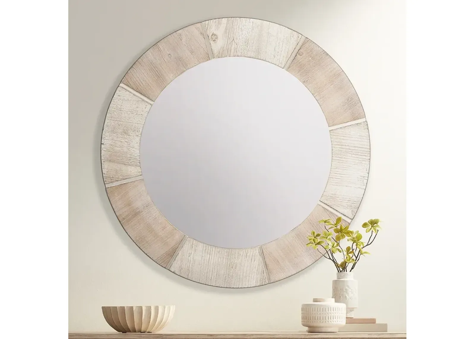 Langley White Washed and Light Brown 34" Round Wall Mirror