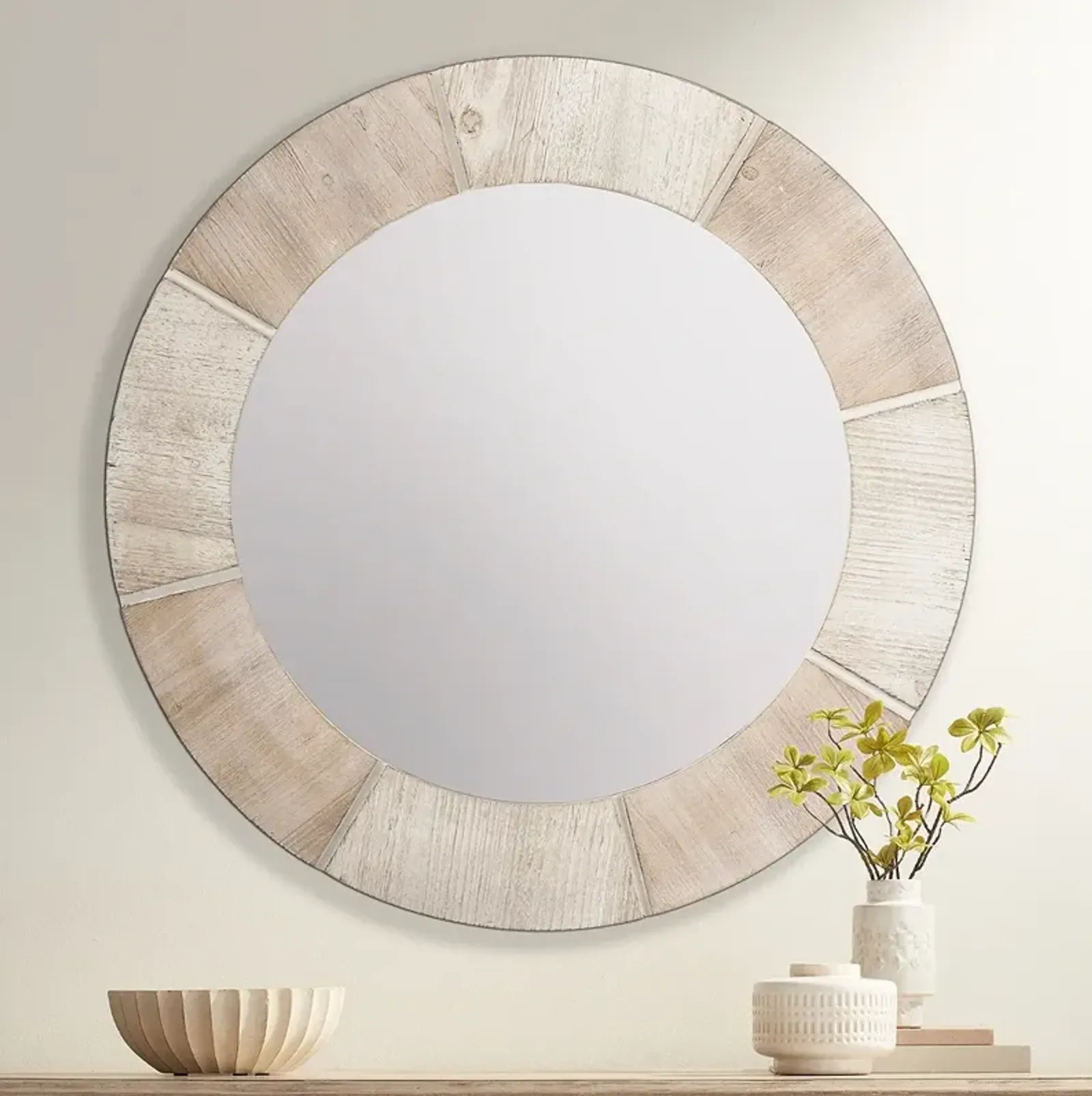 Langley White Washed and Light Brown 34" Round Wall Mirror