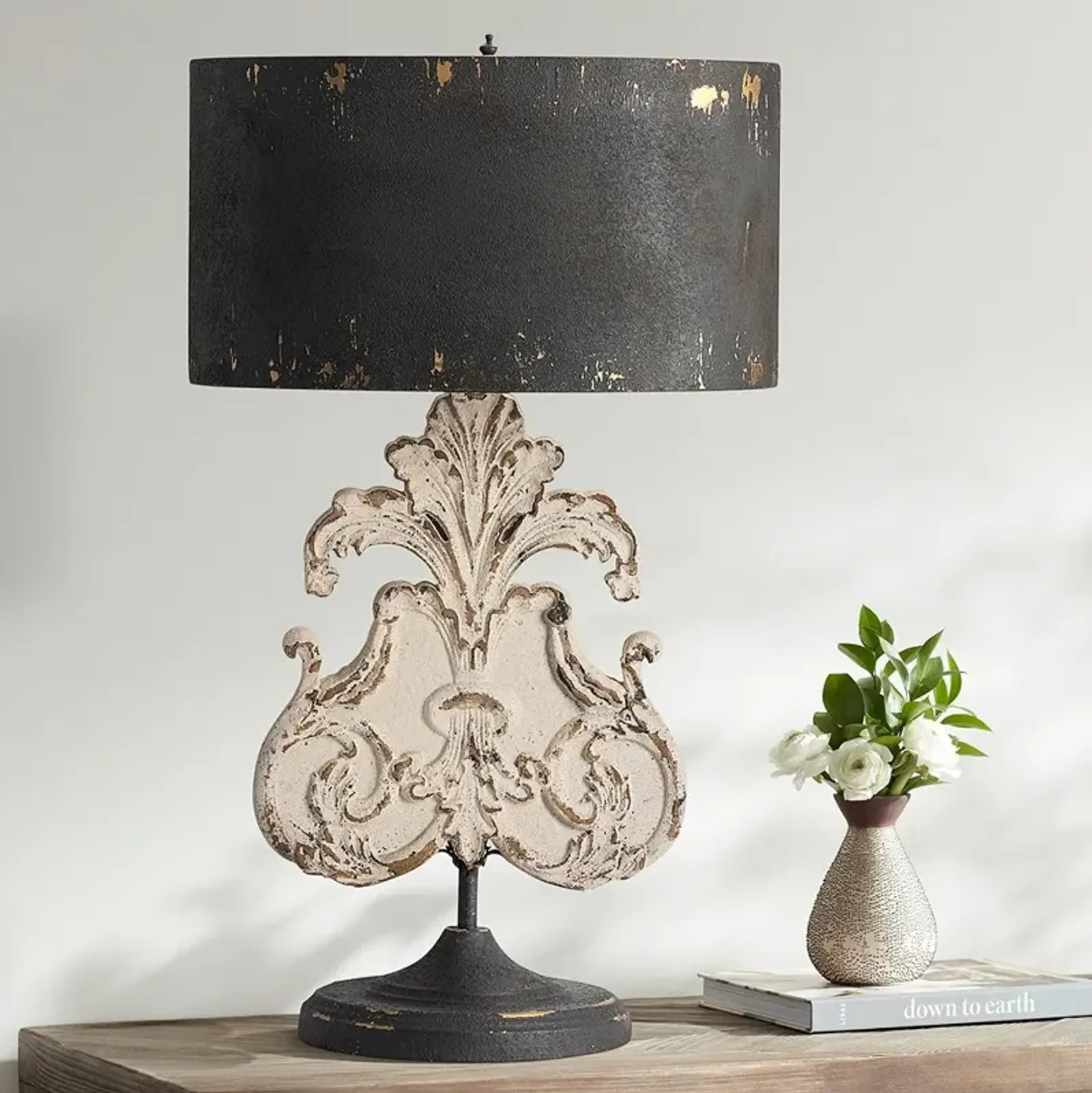 DePosh Distressed Cream and Black Wood Table Lamp with Oval Black Shade