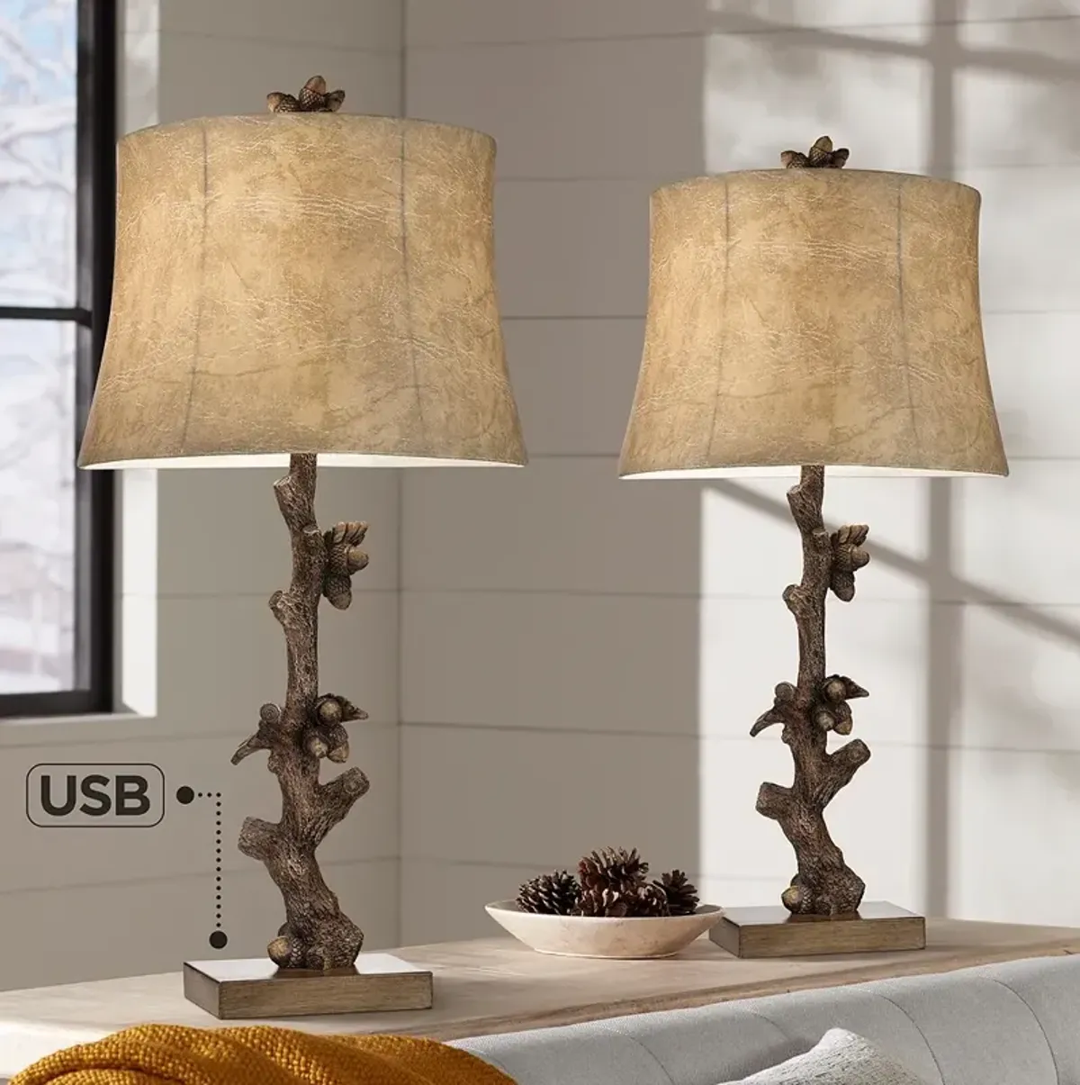 Pacific Coast Lighting Rustic Acorn Tree Branch USB Table Lamps Set of 2