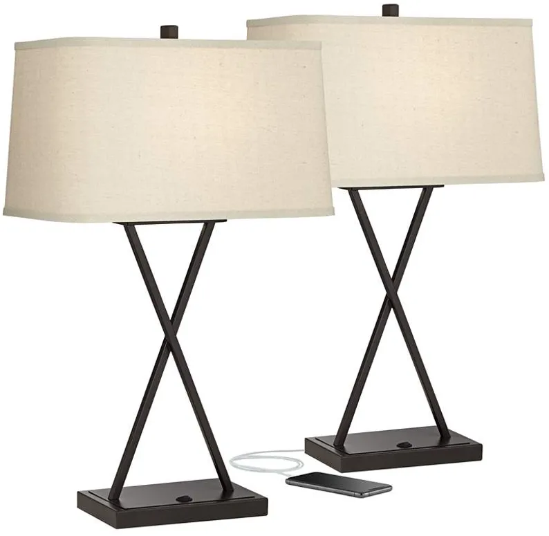 Franklin Iron Works Megan USB Table Lamps Set of 2 with LED Bulbs