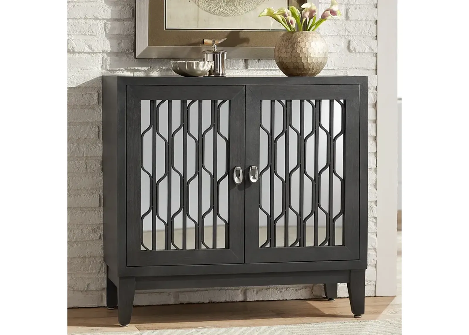 Carson 34" Wide Gray Wood Mirrored 2-Door Cabinet