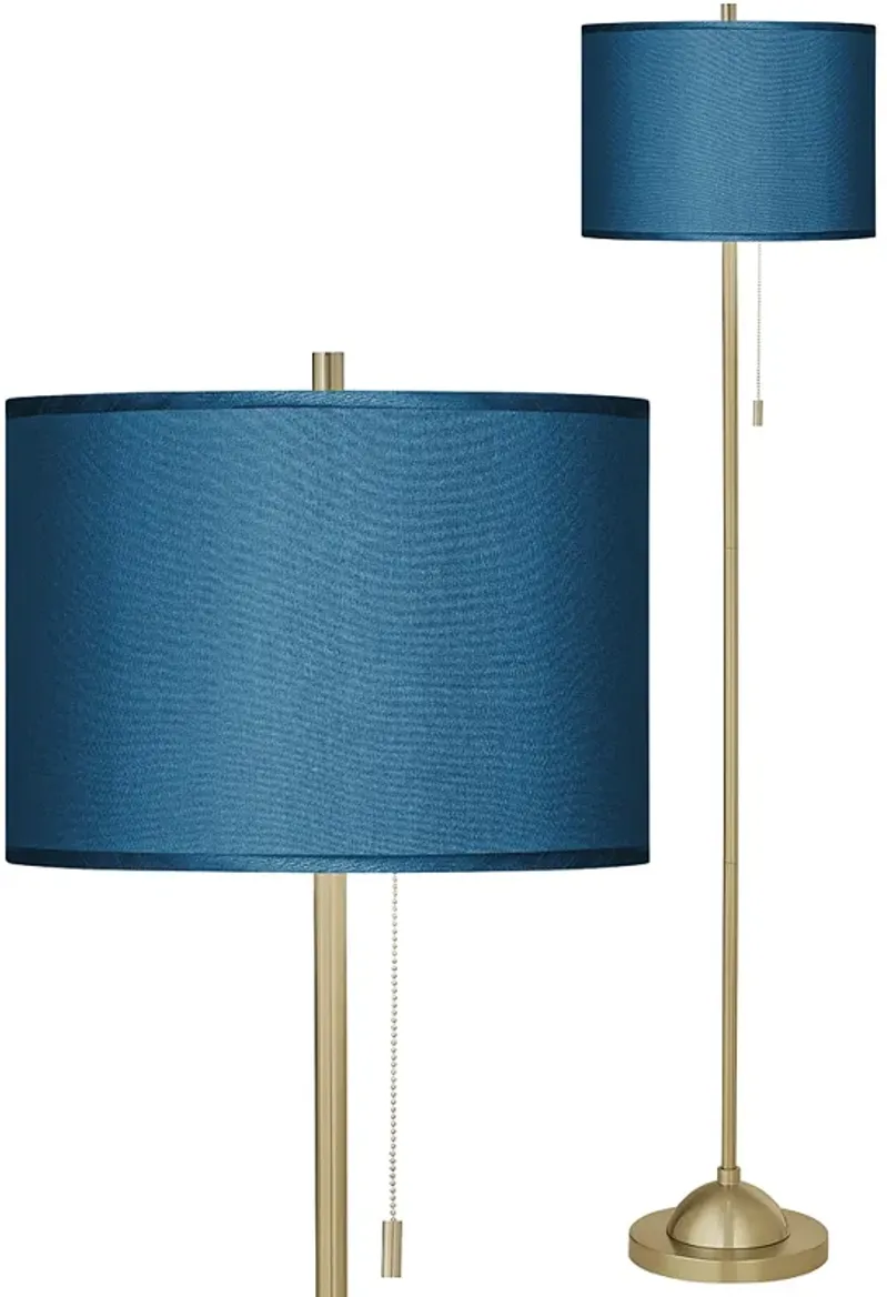 Blue Faux Silk Giclee Warm Gold Stick Floor Lamp