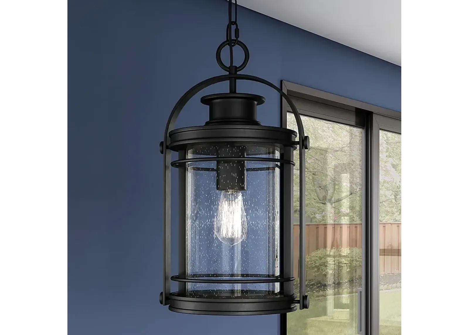 Booker 17.8" High Black and Seeded Glass Outdoor Hanging Lantern