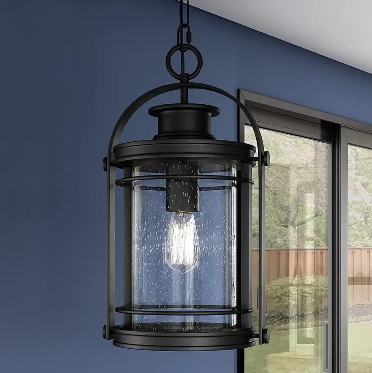 Booker 17.8" High Black and Seeded Glass Outdoor Hanging Lantern