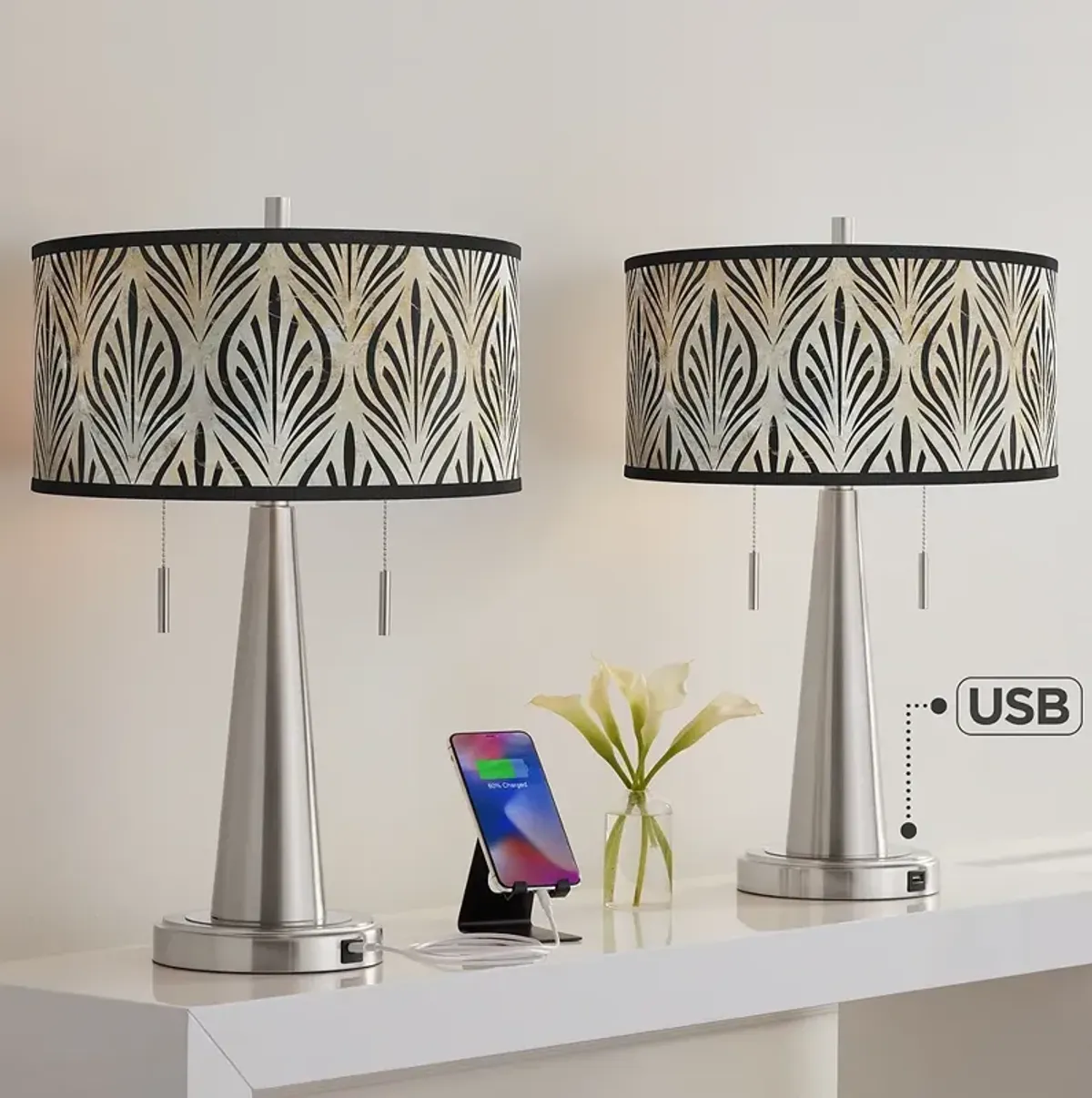 Calathea Gem Vicki Brushed Nickel USB Table Lamps Set of 2