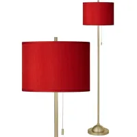 Red Faux Silk Giclee Warm Gold Stick Floor Lamp