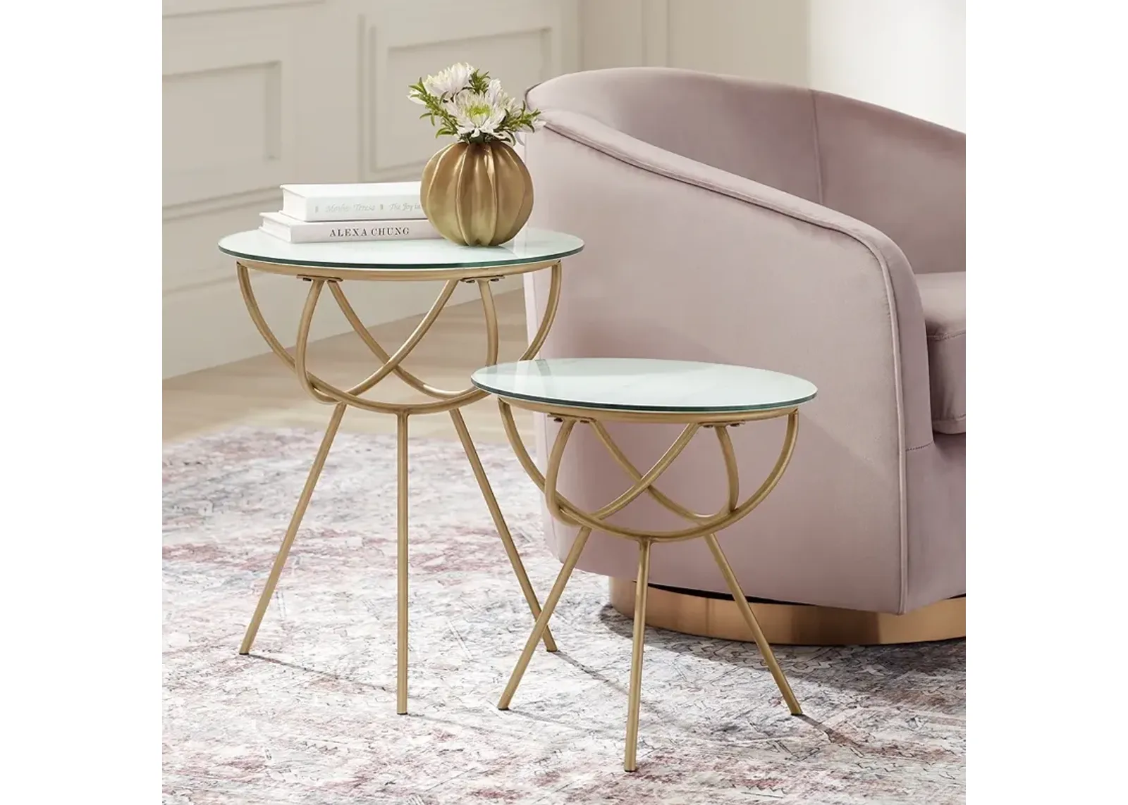 Mayflower Antique Gold Metal and Marbleized Glass Nesting Tables Set of 2