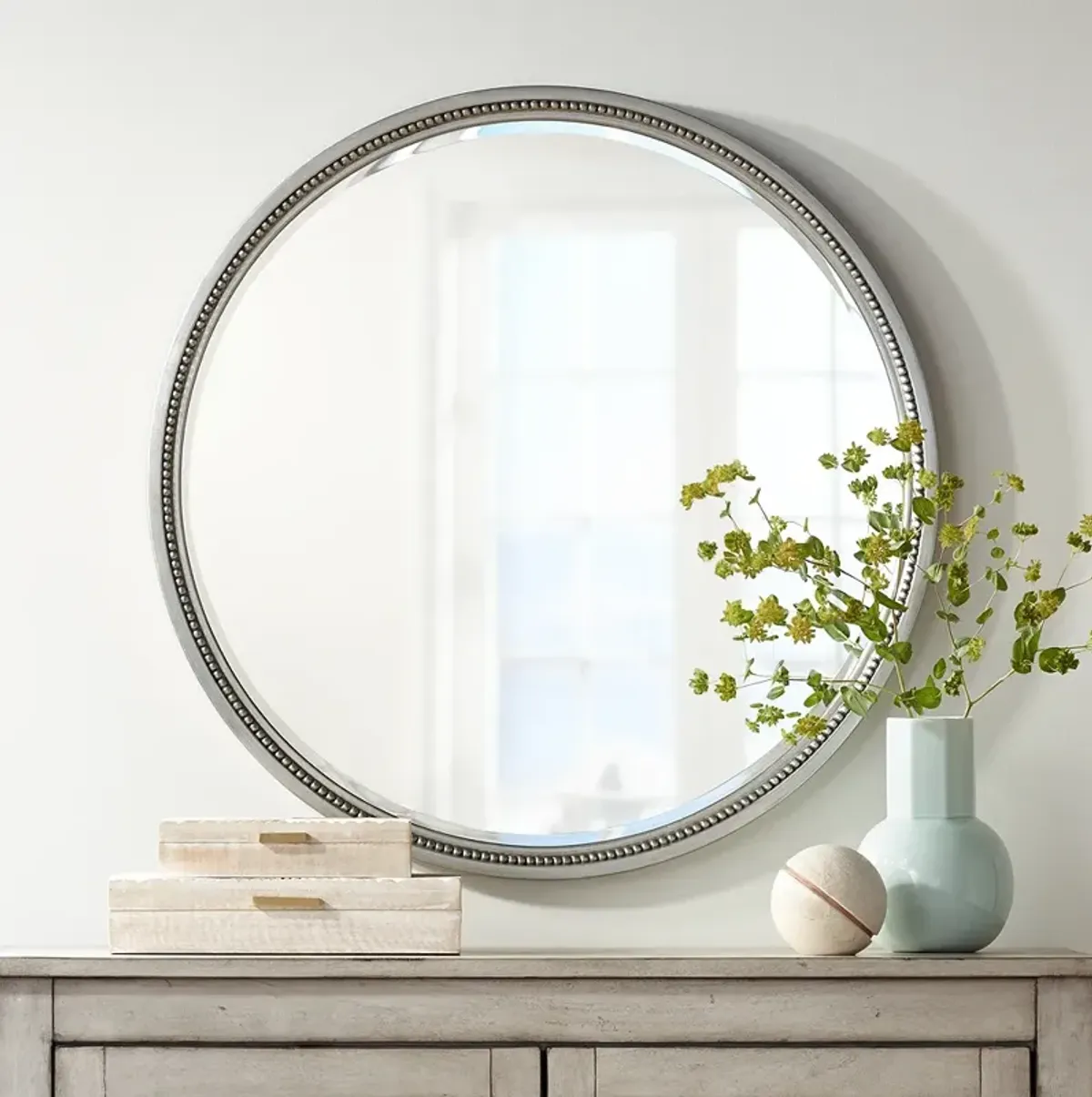 Noble Park Lorraine 32 3/4" Beaded Trim Round Silver Wall Mirror