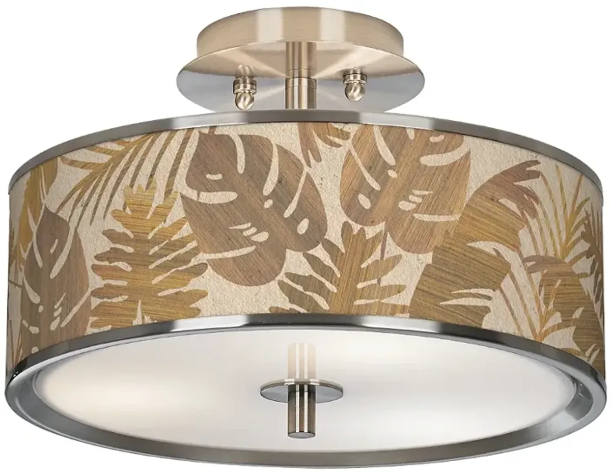 Giclee Glow 14" Wide Tropical Woodwork Drum Semi-Flush Ceiling Light