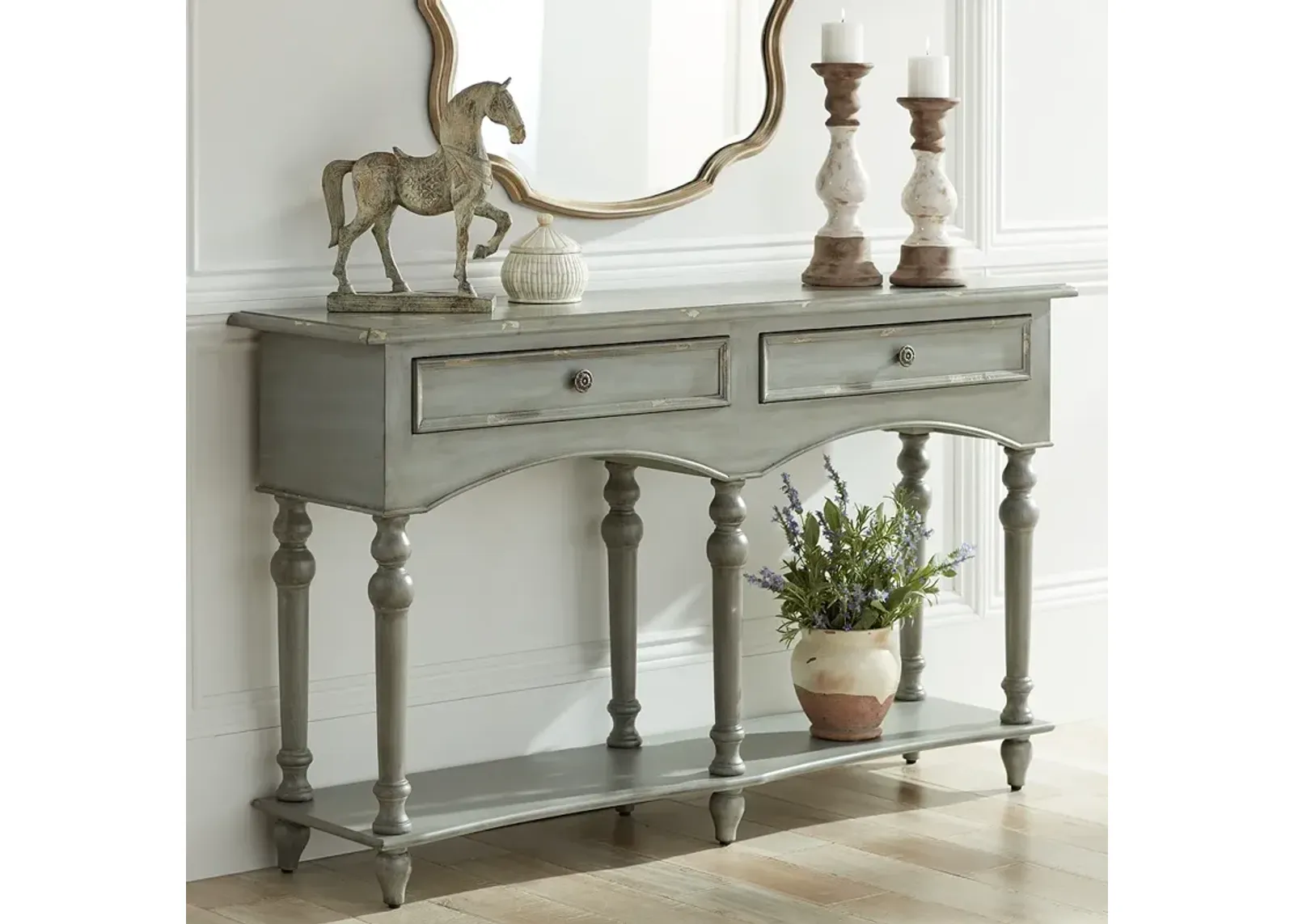 Chelsea 62" Wide Antiqued Gray Wood 2-Drawer Console Table