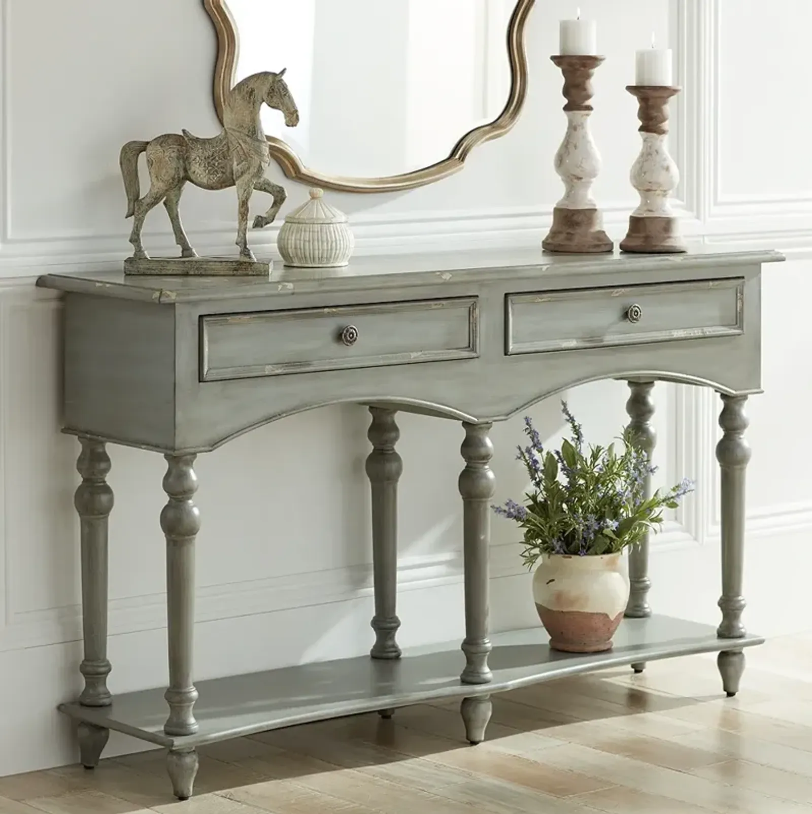 Chelsea 62" Wide Antiqued Gray Wood 2-Drawer Console Table