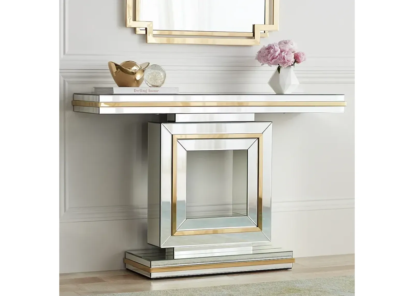 Studio 55D Laila 48" Wide Gold-Trimmed Mirrored Console Table