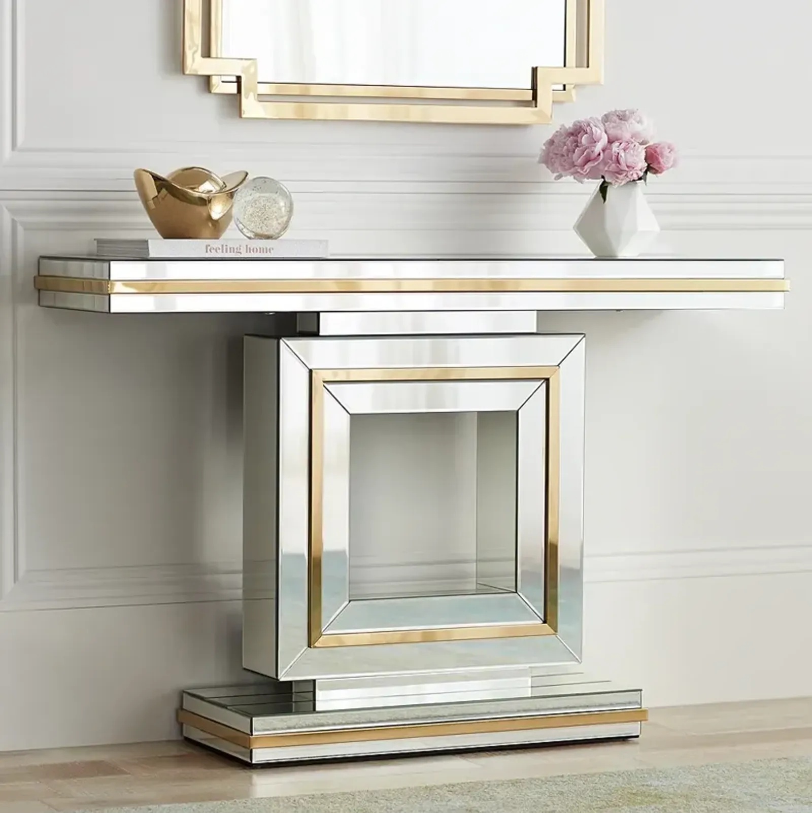 Studio 55D Laila 48" Wide Gold-Trimmed Mirrored Console Table