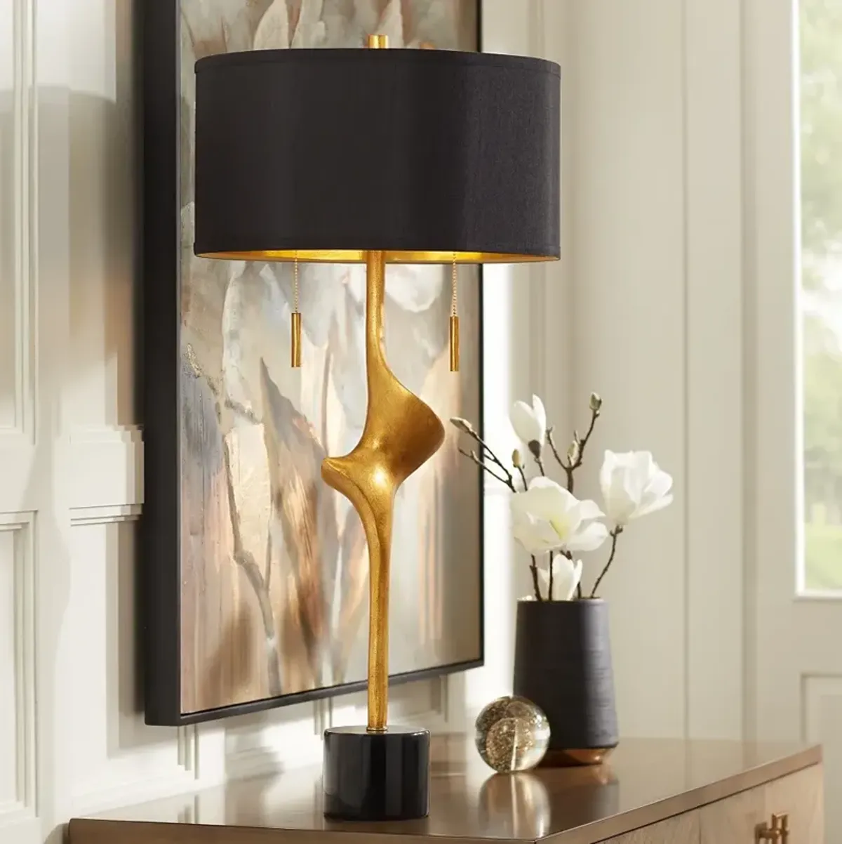 Possini Euro Athena 35 1/2" Black Shade Gold Leaf Modern Table Lamp