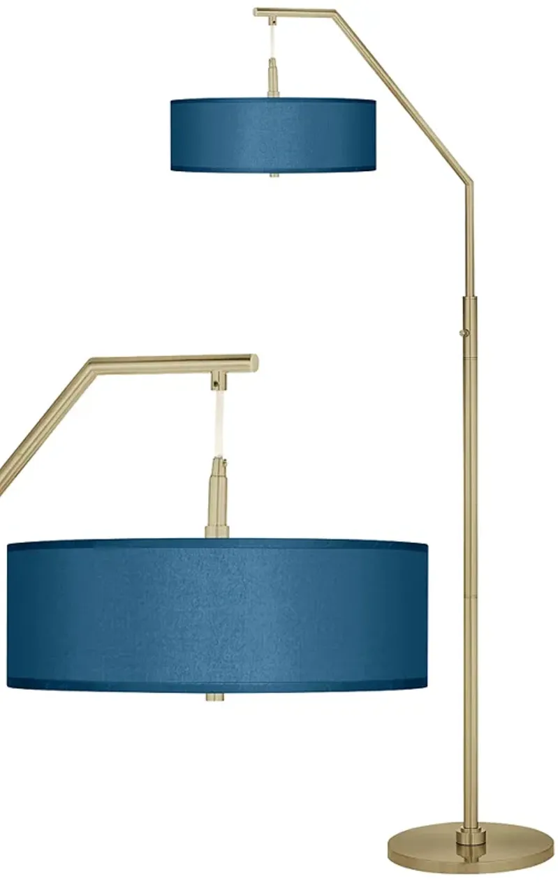 Blue Faux Silk Giclee Warm Gold Arc Floor Lamp