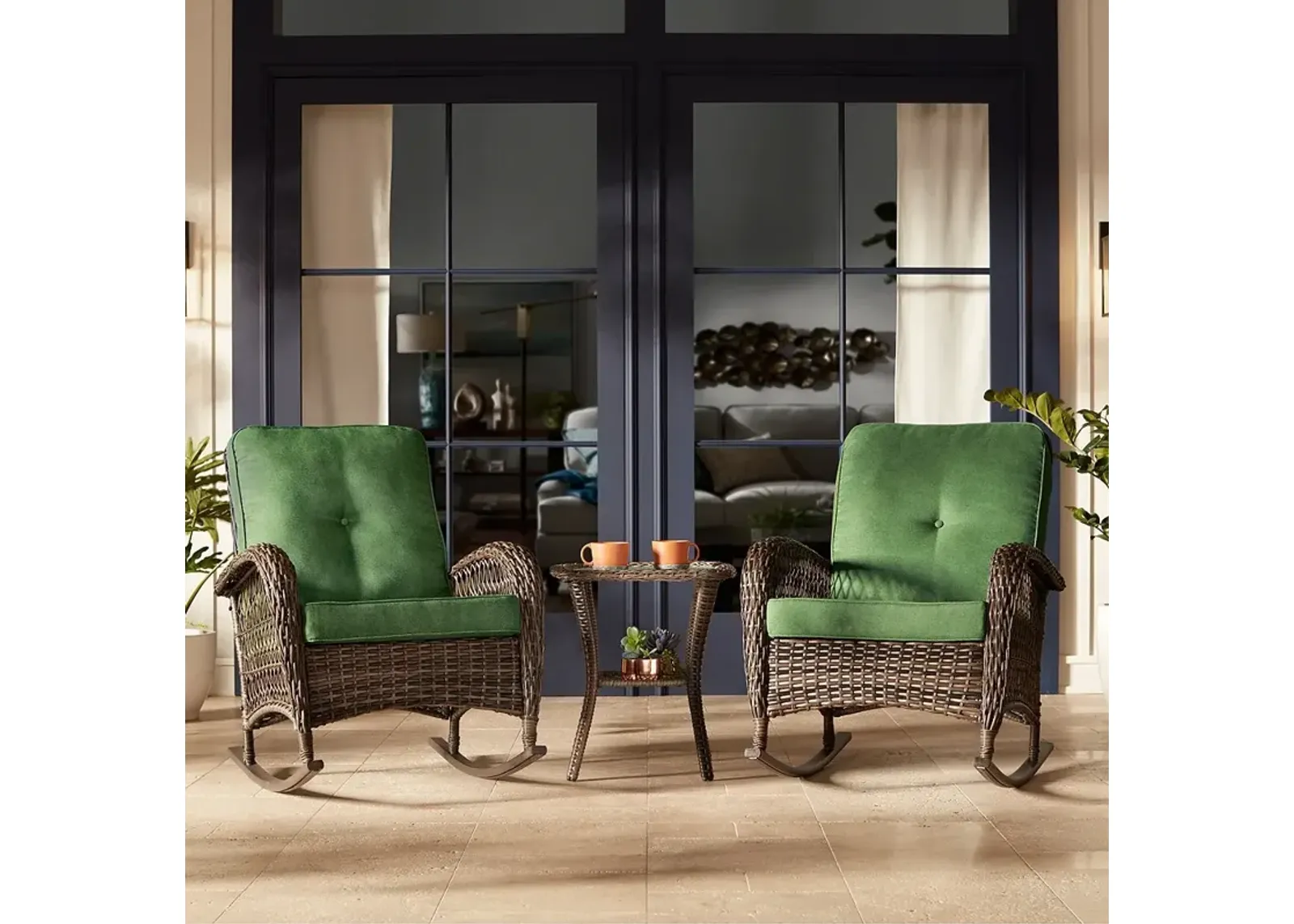 Madden 3 Piece Green and Rattan Outdoor Rocking Chair Set With Coffee Table