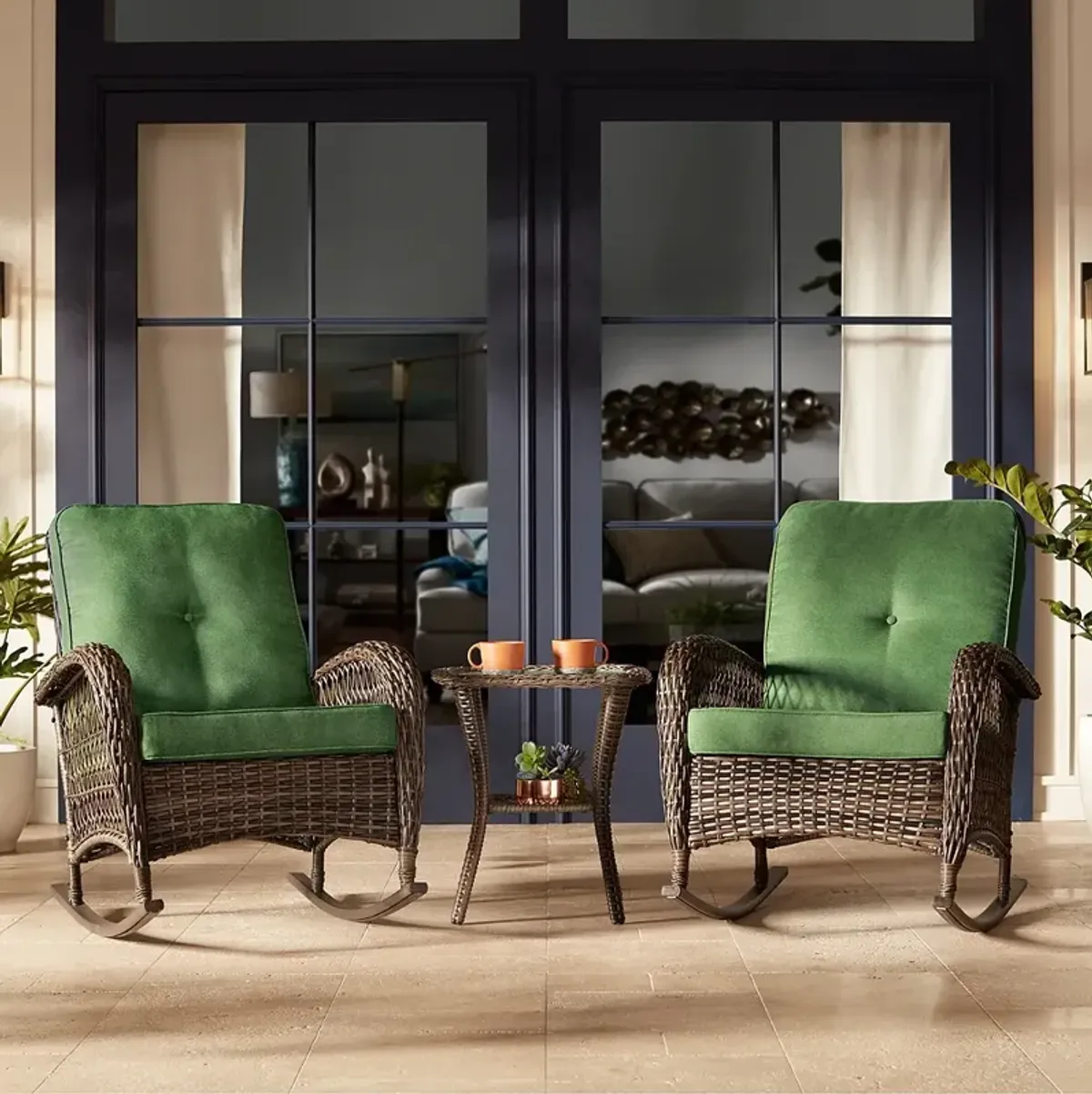 Madden 3 Piece Green and Rattan Outdoor Rocking Chair Set With Coffee Table