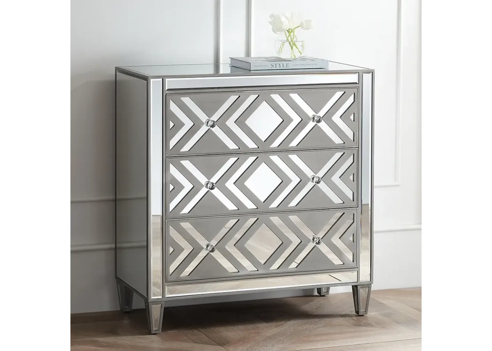 Herringbone 32" Wide 3-Drawer Gray Mirrored Accent Chest