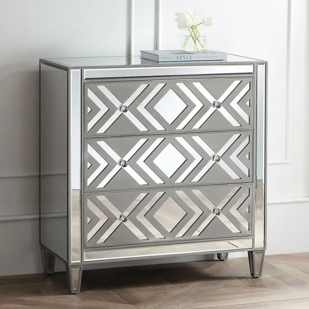 Herringbone 32" Wide 3-Drawer Gray Mirrored Accent Chest