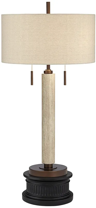 Franklin Iron Works Hugo Wood Column USB Table Lamp with Black Round Riser