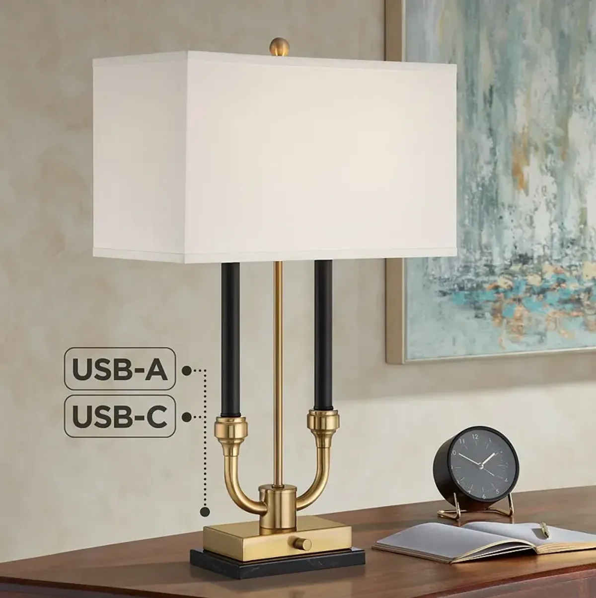 Stiffel Barclay 28" Traditional Black Gold Lamp with Dual USB Ports