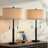 Franklin Iron Works Bernie Industrial Bronze Table Lamps with USB Set of 2