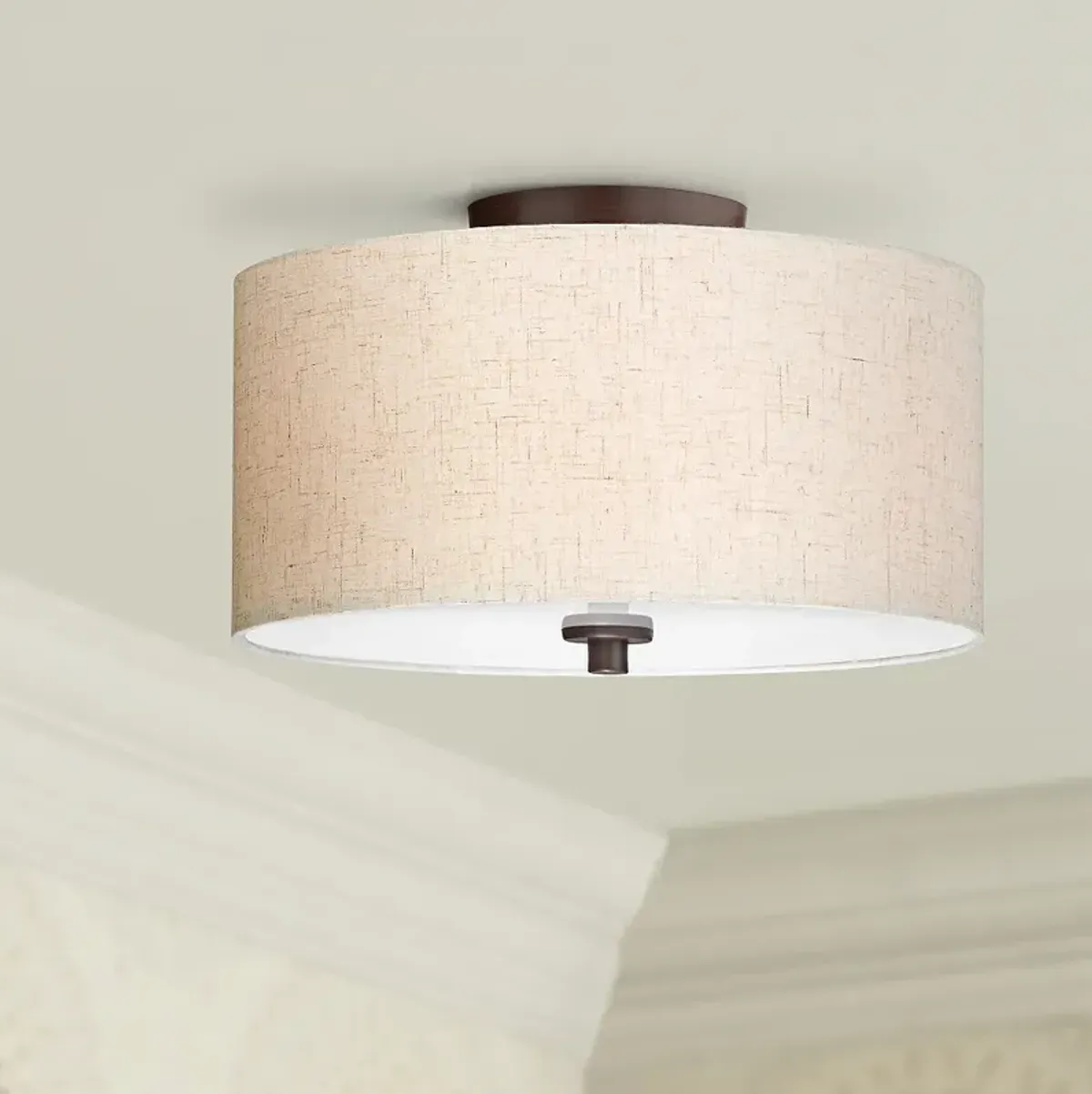 Regency Hill Sylvan 14" Wide Modern Oatmeal Fabric Drum Ceiling Light