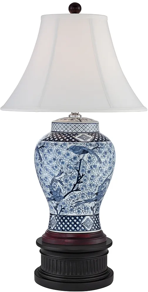 Shonna Blue and White Table Lamp With Black Round Riser