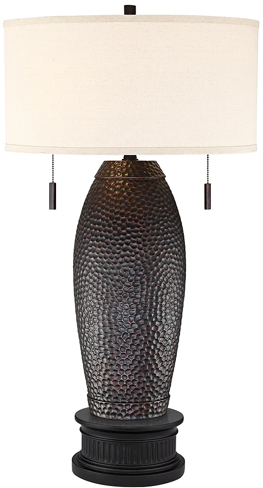 Noah Hammered Bronze Table Lamp With Black Round Riser