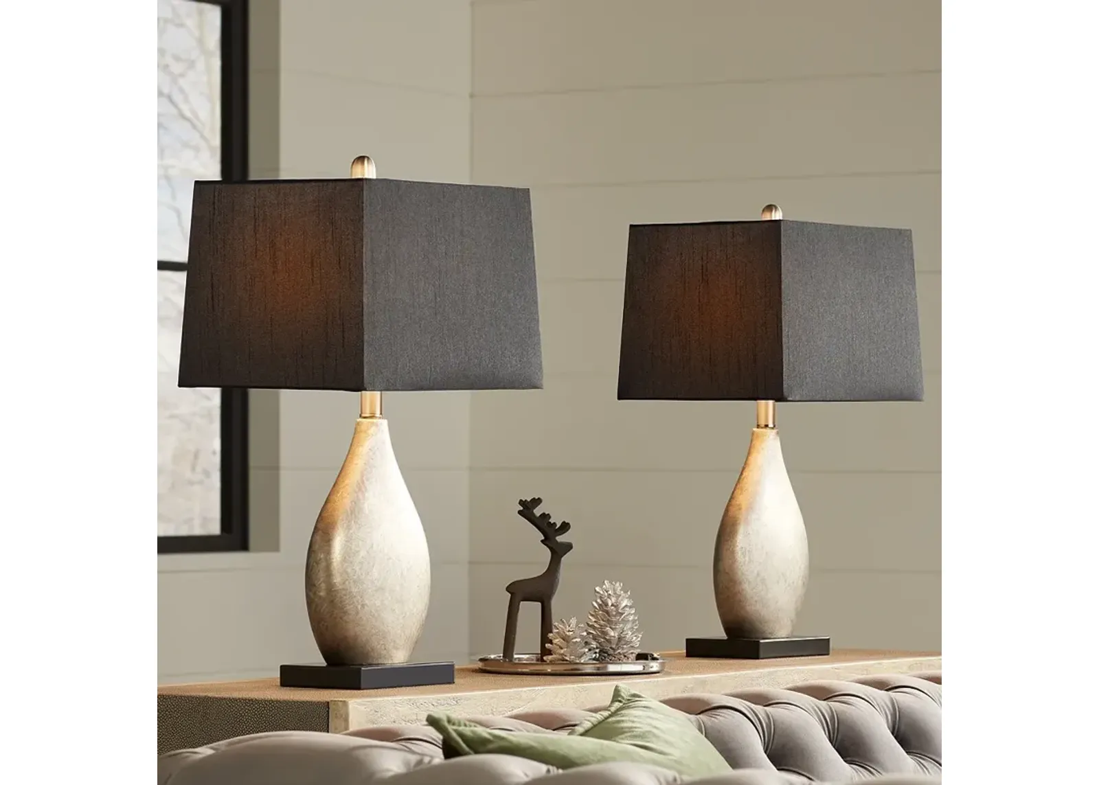 Regency Hill Marco 25" Black Shade Silver Droplet Table Lamps Set of 2