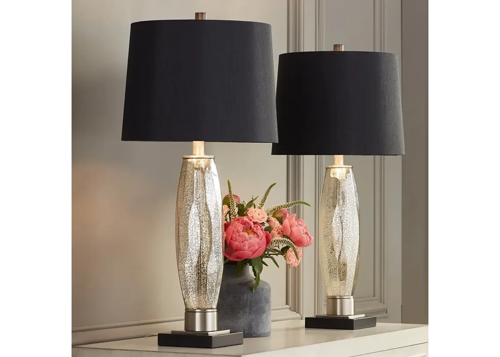 Regency Hill Landro 27 1/2" Black Shade Mercury Glass Lamps Set of 2