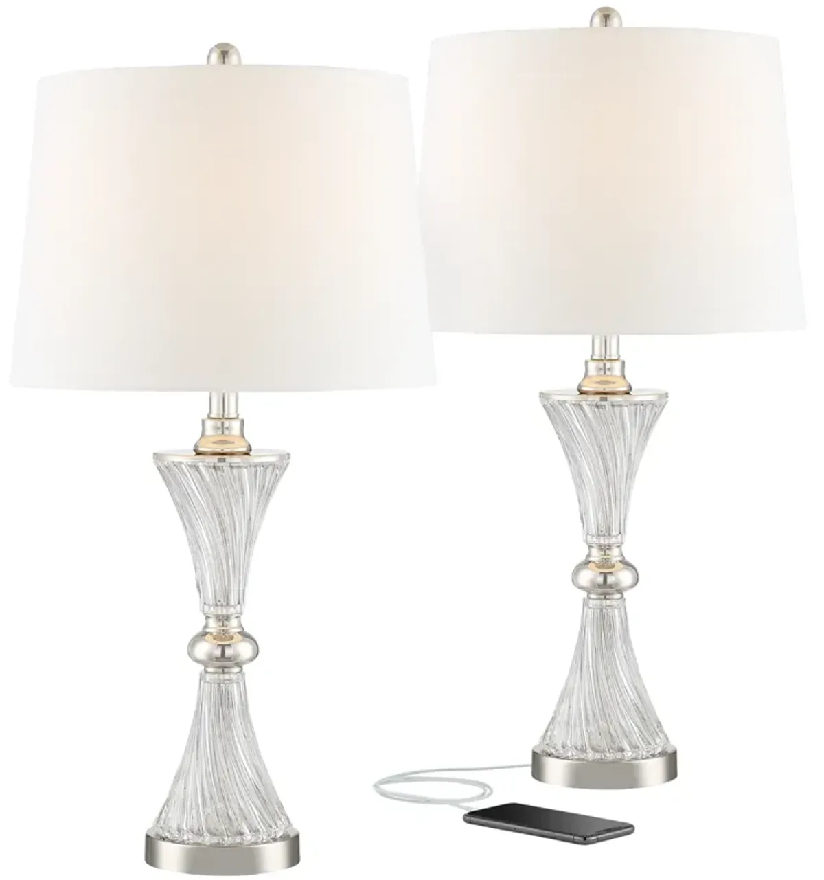 Regency Hill Luca 25 1/2" Chrome and Glass Modern USB Lamps Set of 2