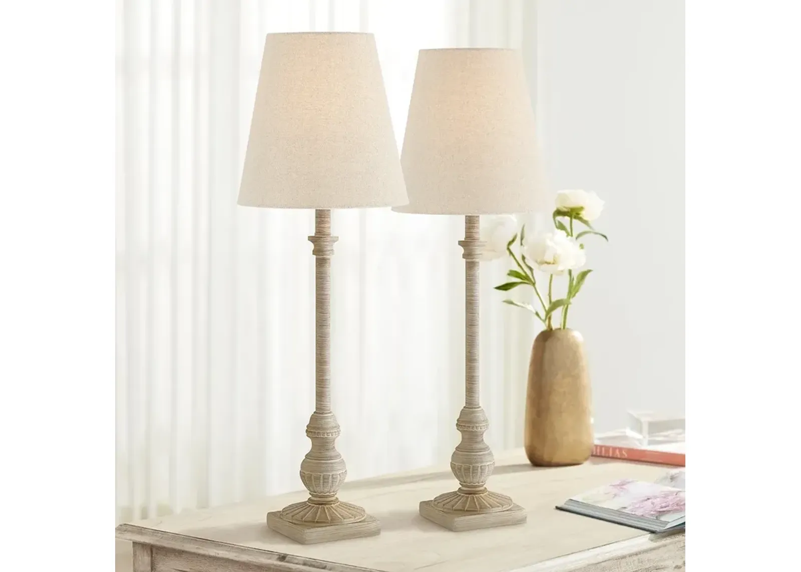 Regency Hill Loreno 24" High Faux Wood Whitewash Buffet Lamps Set of 2