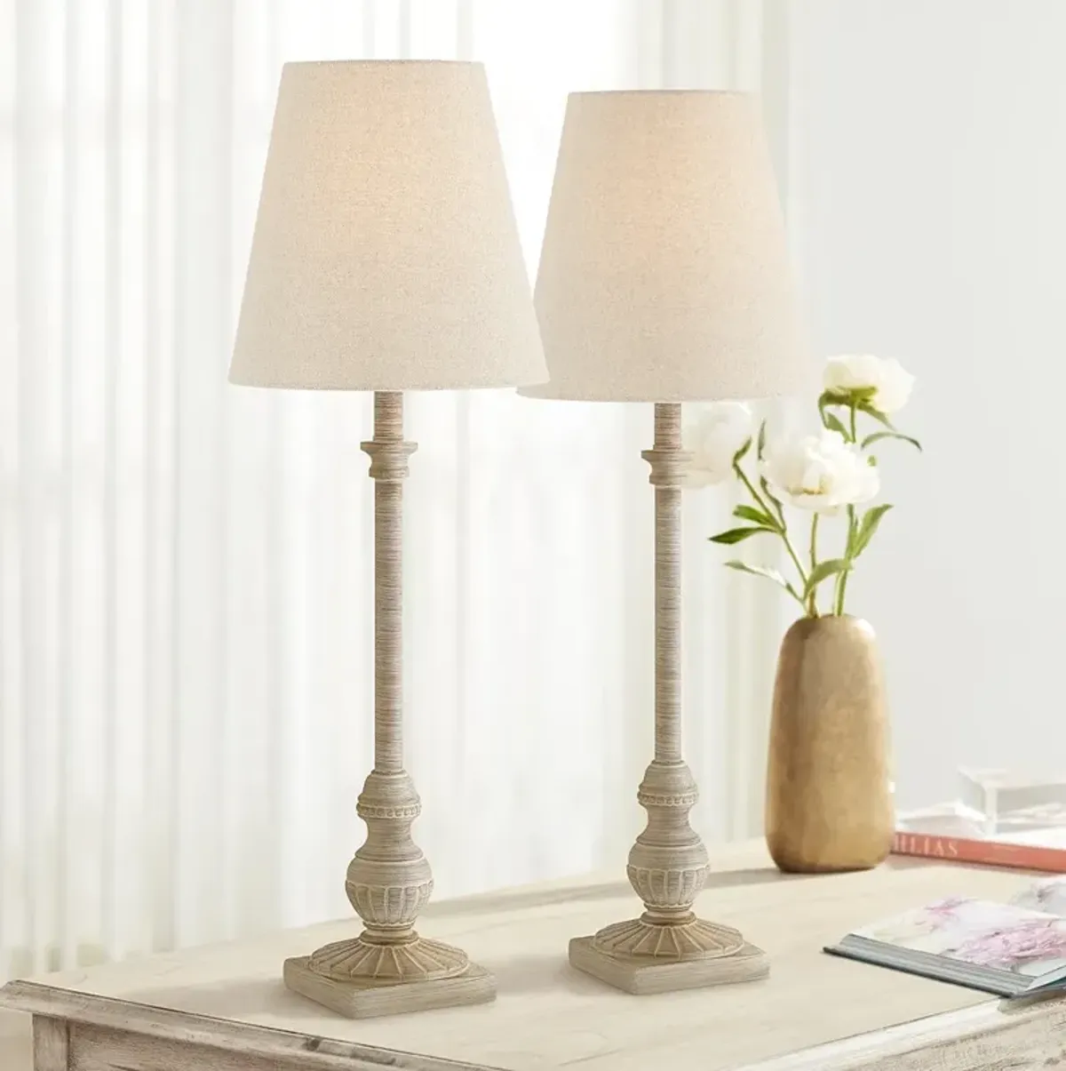 Regency Hill Loreno 24" High Faux Wood Whitewash Buffet Lamps Set of 2