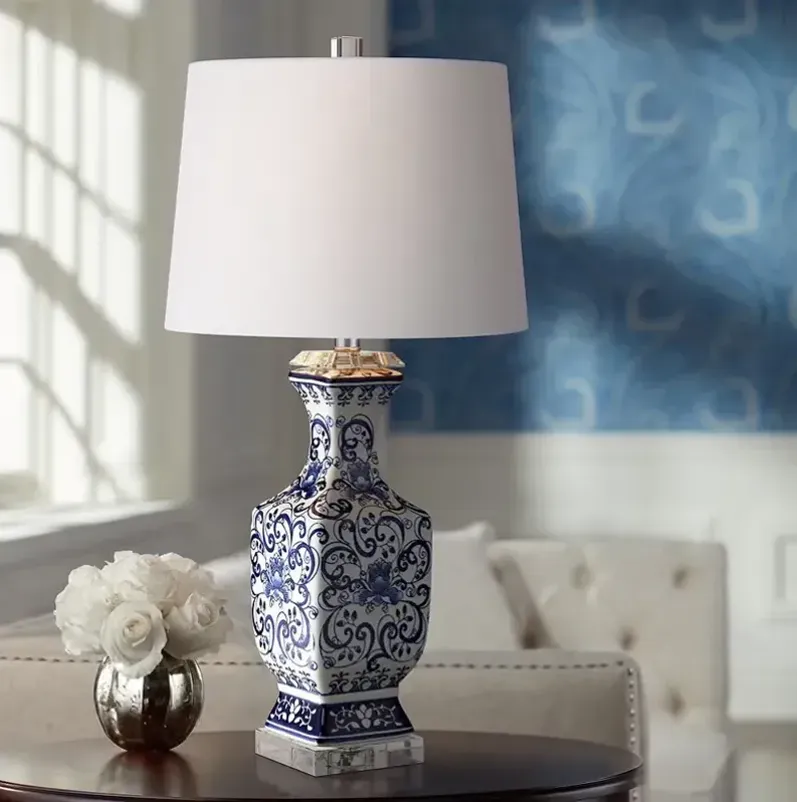 Barnes and Ivy Floral Pattern Iris Blue and White Porcelain Table Lamp