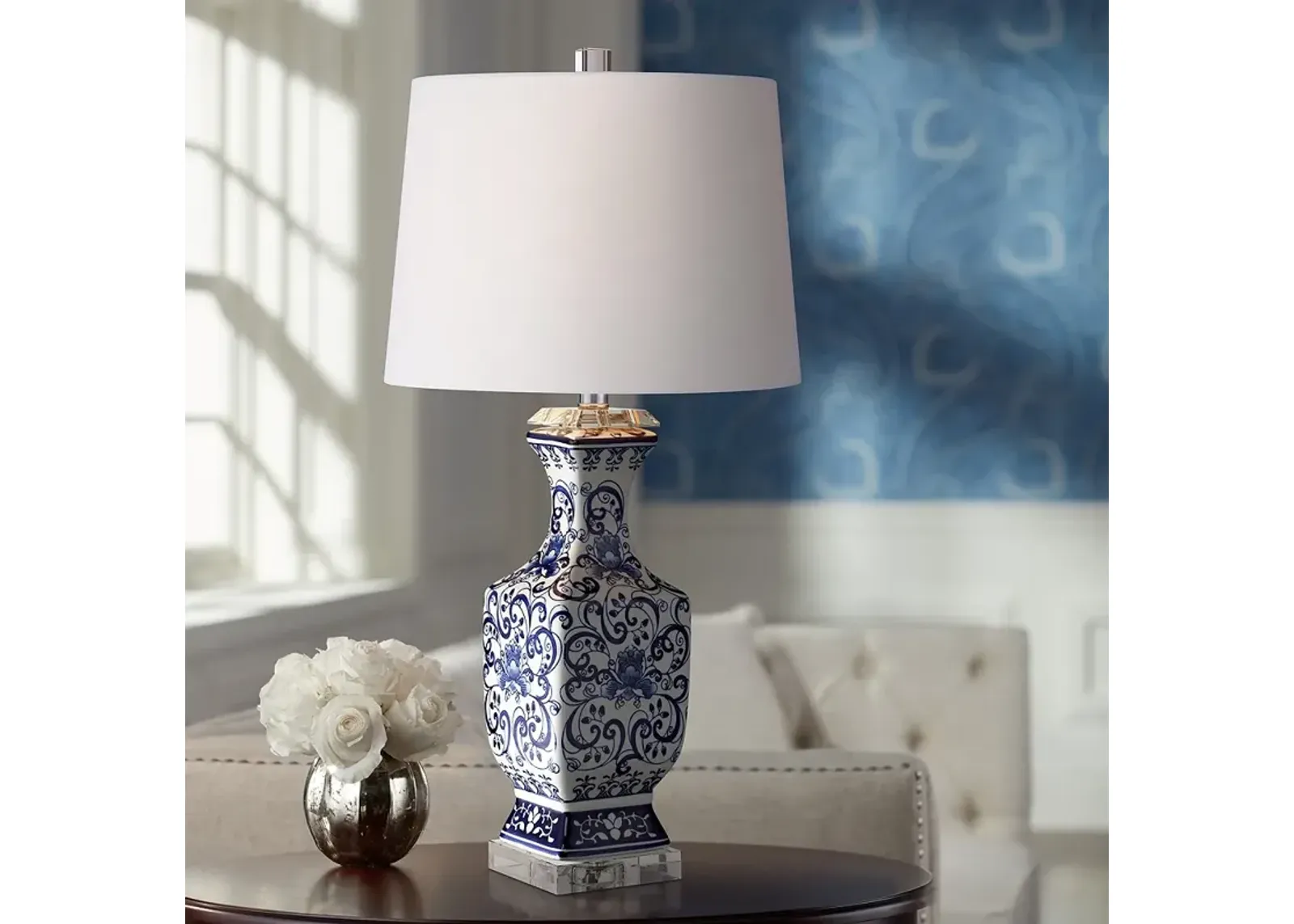 Barnes and Ivy 28" Floral Iris Blue and White Porcelain Table Lamp