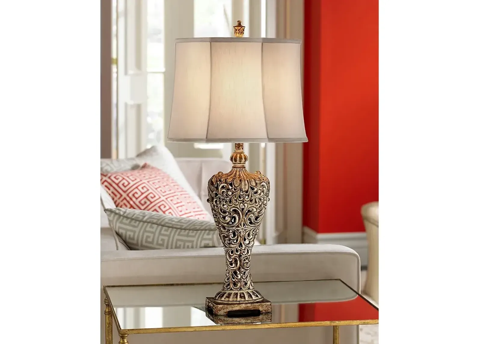 Regency Hill Elle 33" Carved Antique Gold Classic Scroll Table Lamp